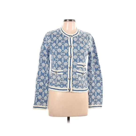 MAJE Melance Blue White Geometric Patterned Cardigan Jacket - 3 (Large) - Picture 1 of 3
